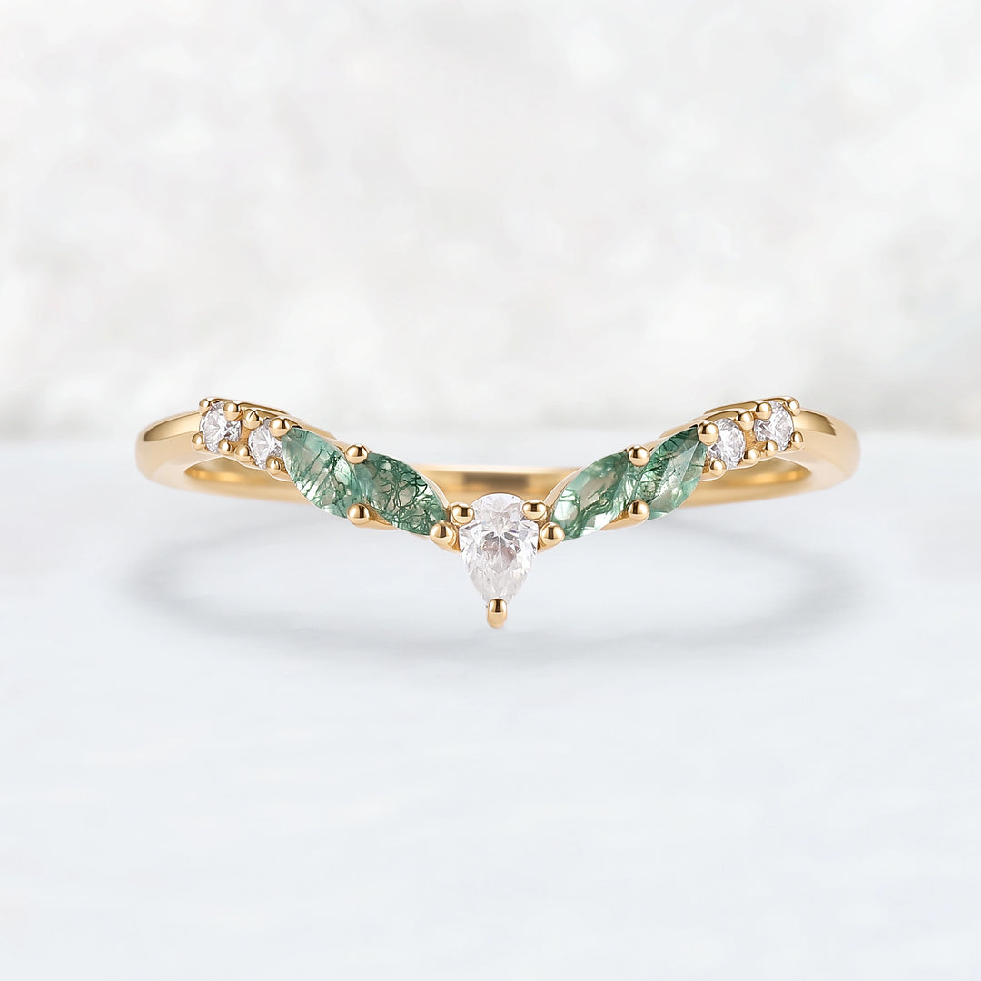 Curved Marquise Cut Moss Agate Rose Gold Wedding Band