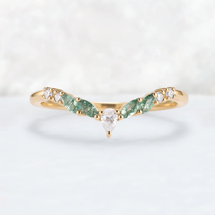 Curved Marquise Cut Moss Agate Rose Gold Wedding Band