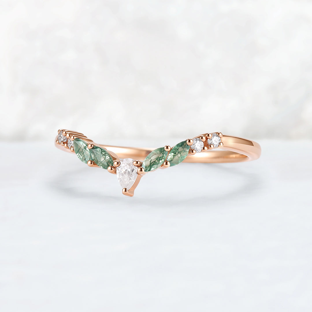Curved Marquise Cut Moss Agate Rose Gold Wedding Band