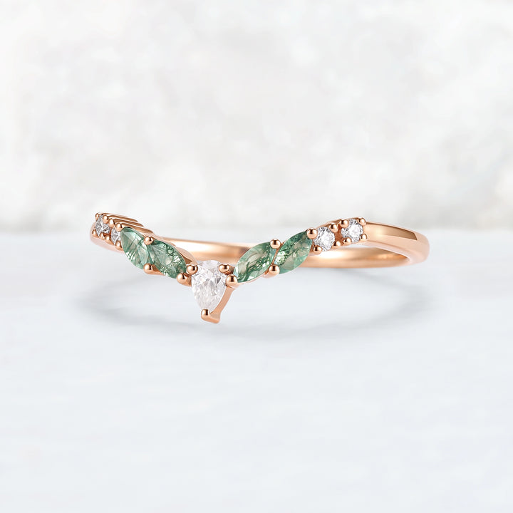 Curved Marquise Cut Moss Agate Rose Gold Wedding Band