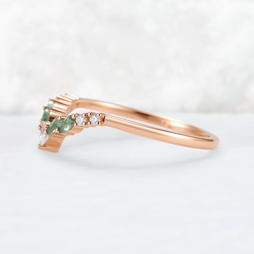 Curved Marquise Cut Moss Agate Rose Gold Wedding Band