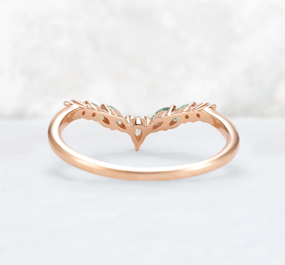 Curved Marquise Cut Moss Agate Rose Gold Wedding Band