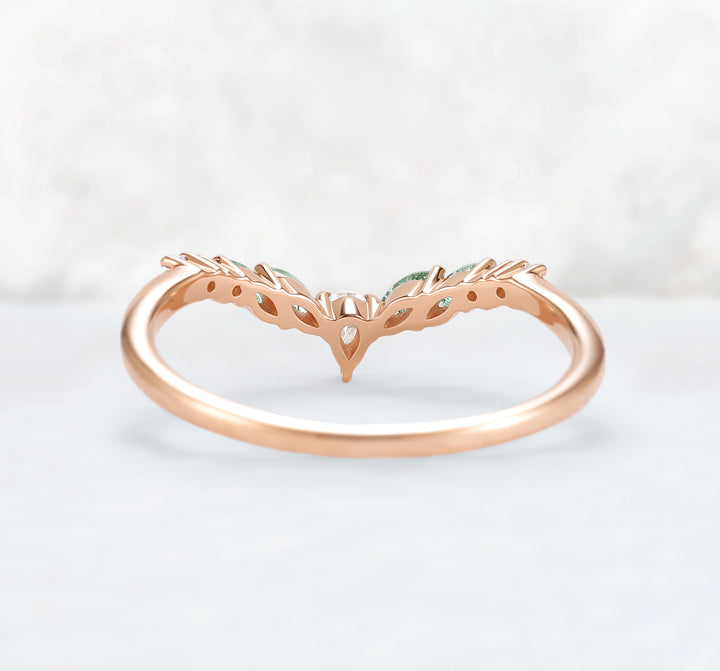 Curved Marquise Cut Moss Agate Rose Gold Wedding Band