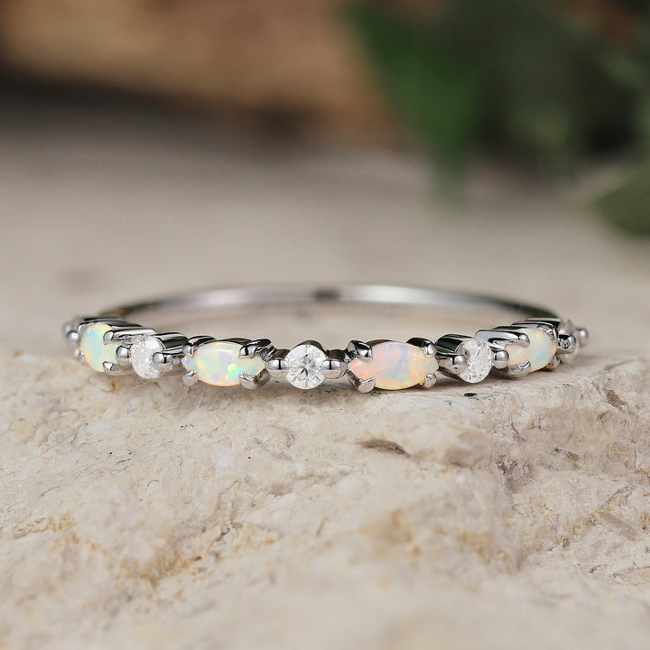 Marquise Cut Moss Agate Half Enternity Wedding Band