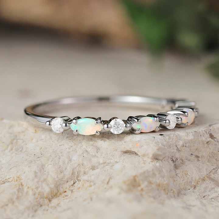Marquise Cut Moss Agate Half Enternity Wedding Band