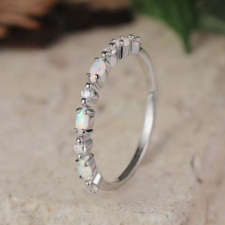 Marquise Cut Moss Agate Half Enternity Wedding Band