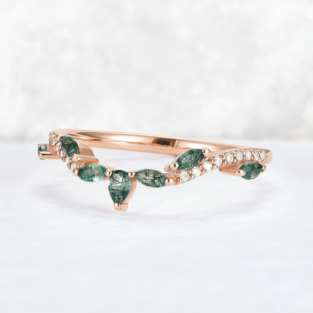 Marqusie Cut Moss Agate with Moissanite Curved Stacking Ring