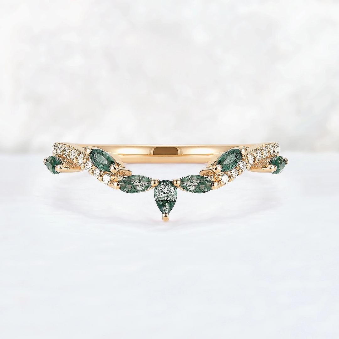 Marqusie Cut Moss Agate with Moissanite Curved Stacking Ring
