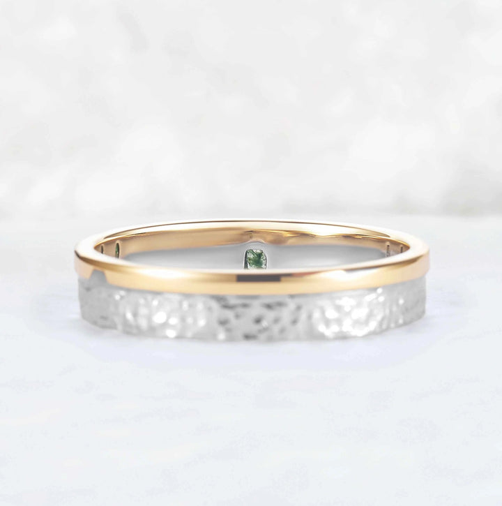 Mens Two Tone Wedding Band with Single Moss Agate Inlay