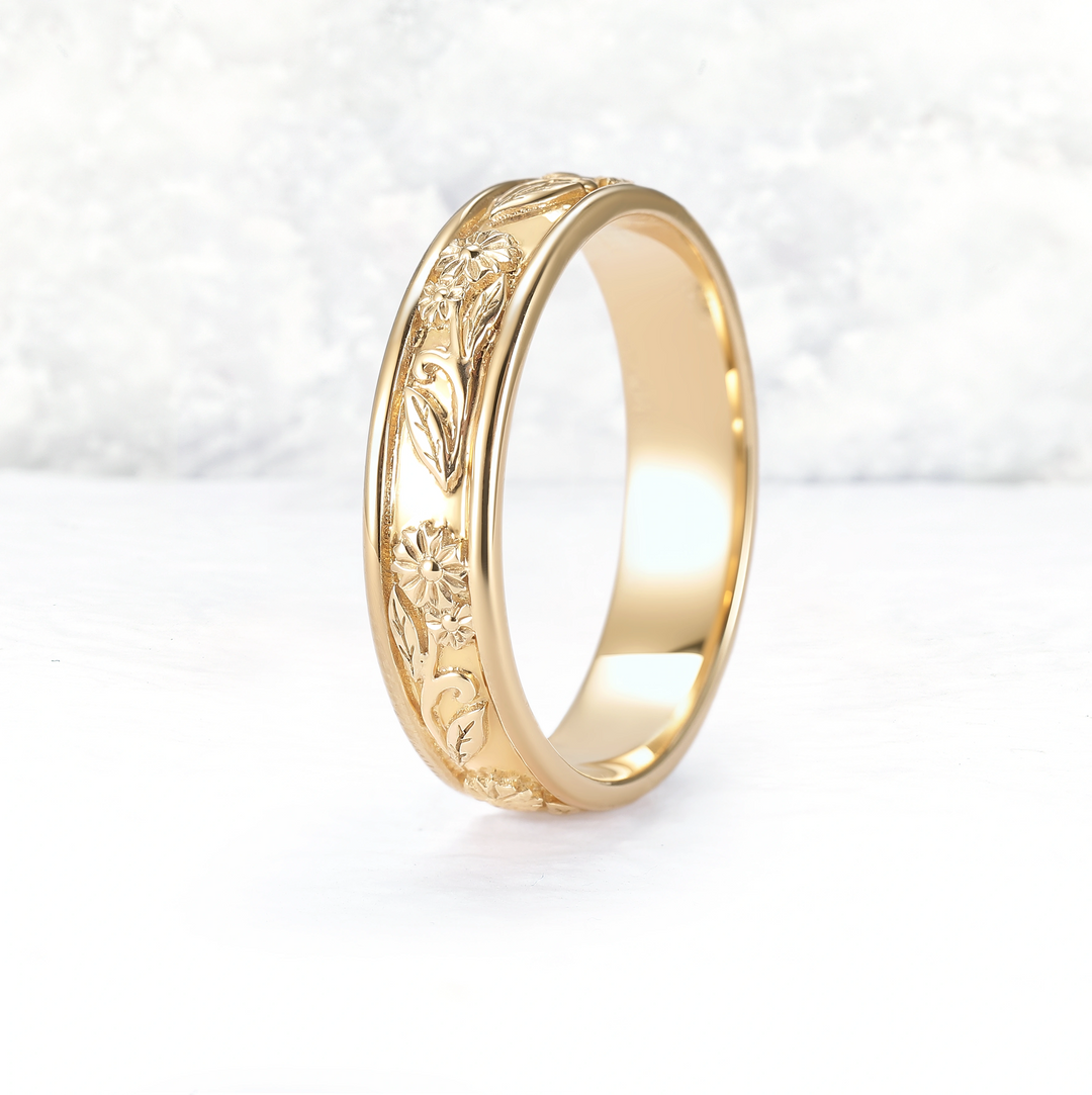 Mens 10K Yellow Gold Wedding Band with Hand-Engraved Flowers
