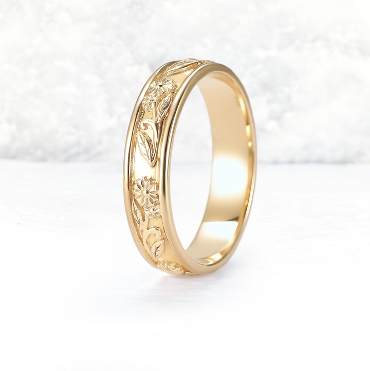 Mens 10K Yellow Gold Wedding Band with Hand-Engraved Flowers