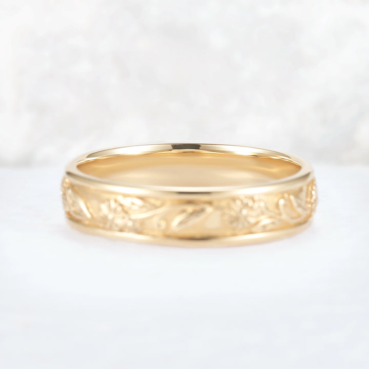 Mens 10K Yellow Gold Wedding Band with Hand-Engraved Flowers