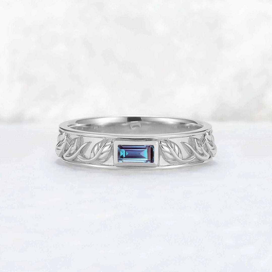 Mens Baguette Cut Alexandrite Stone Leafy Wedding Band