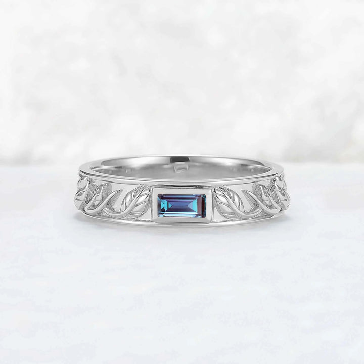 Mens Baguette Cut Alexandrite Stone Leafy Wedding Band