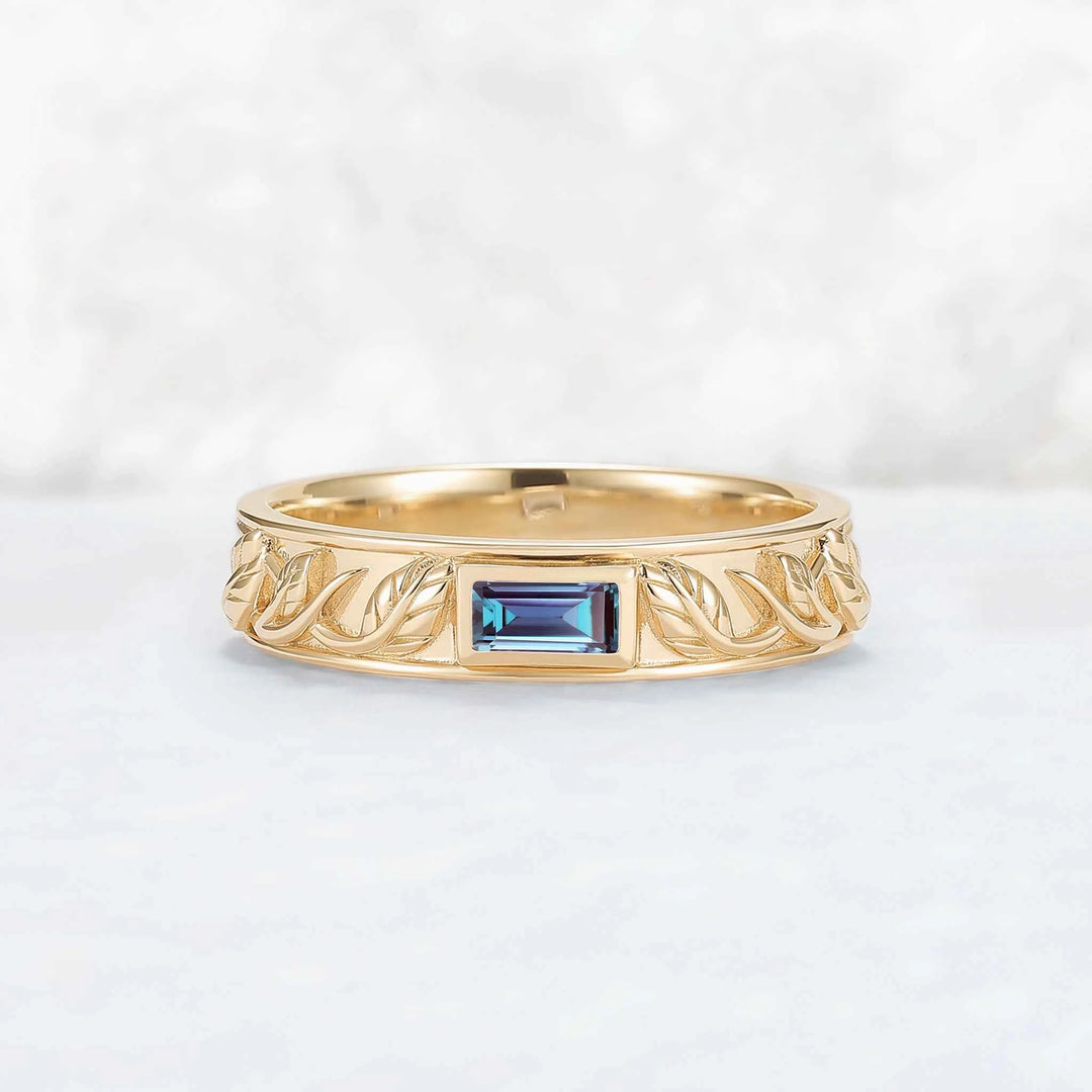 Mens Baguette Cut Alexandrite Stone Leafy Wedding Band