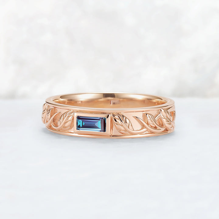 Mens Baguette Cut Alexandrite Stone Leafy Wedding Band