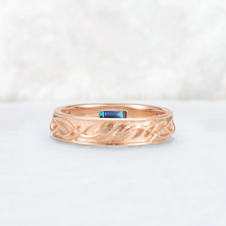 Mens Baguette Cut Alexandrite Stone Leafy Wedding Band