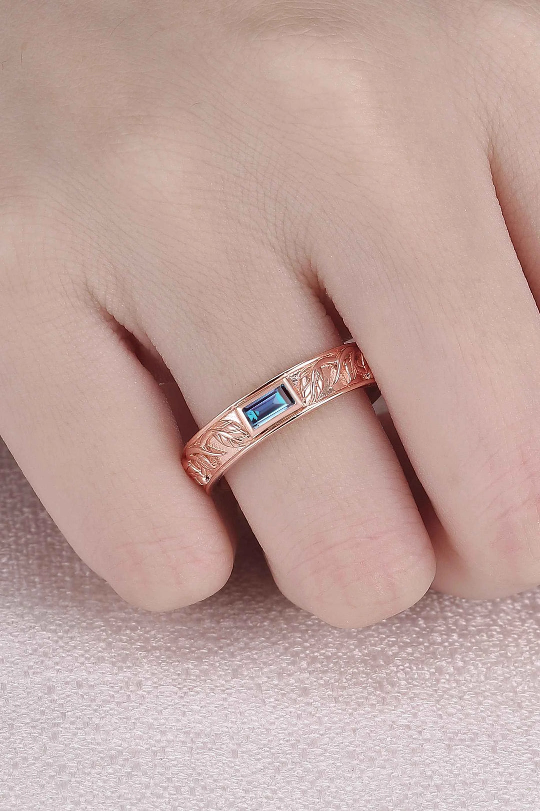 Mens Baguette Cut Alexandrite Stone Leafy Wedding Band