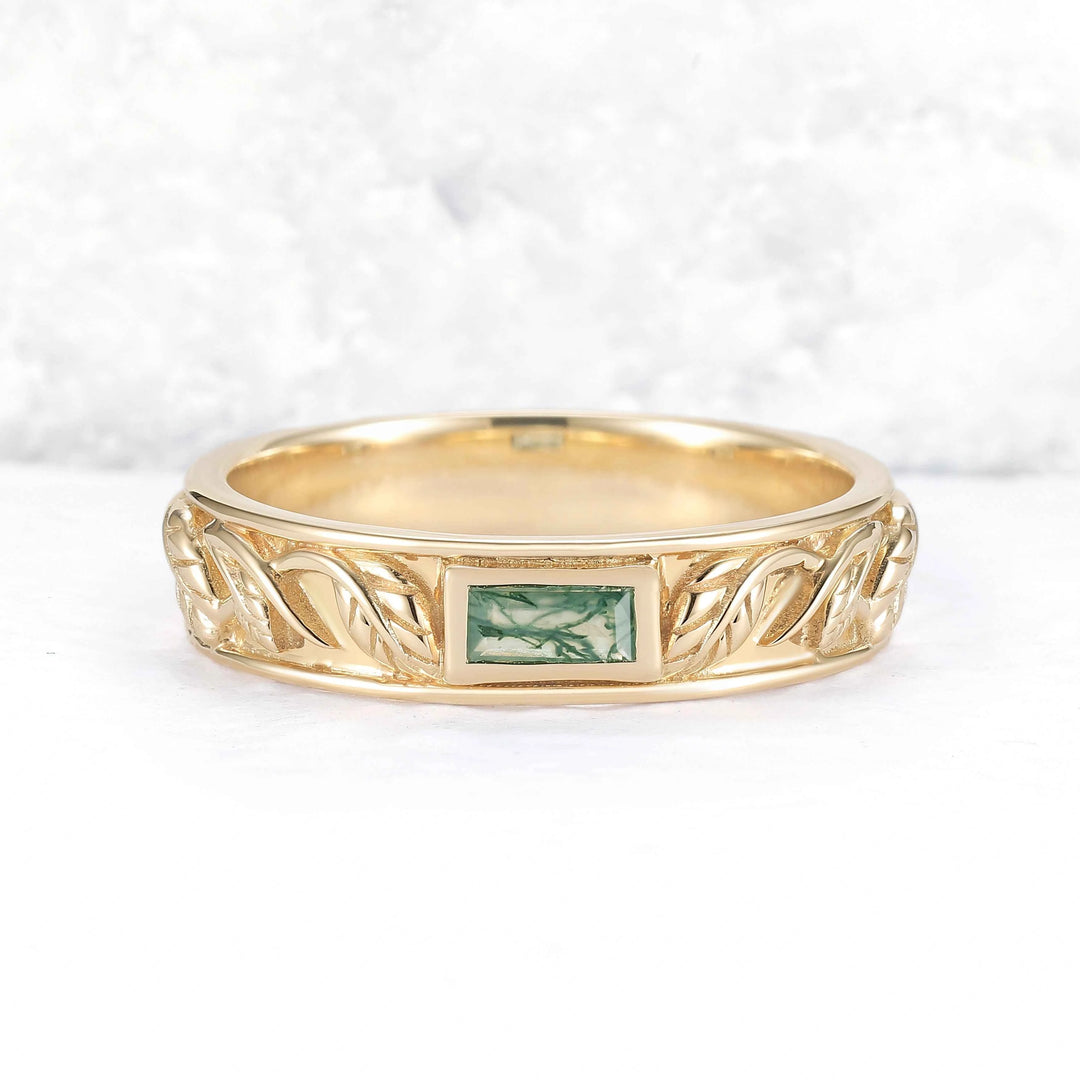 Mens 10K Yellow Gold Wedding Band with Hand-Engraved Flowers