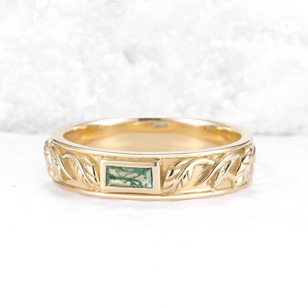 Mens 10K Yellow Gold Wedding Band with Hand-Engraved Flowers