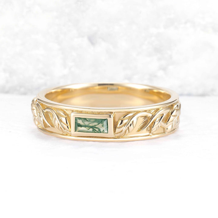Mens 10K Yellow Gold Wedding Band with Hand-Engraved Flowers