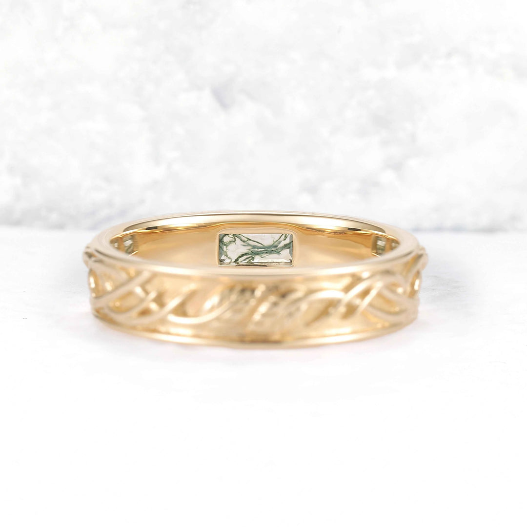 Mens 10K Yellow Gold Wedding Band with Hand-Engraved Flowers