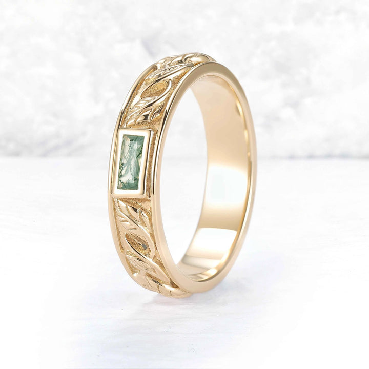 Mens 10K Yellow Gold Wedding Band with Hand-Engraved Flowers