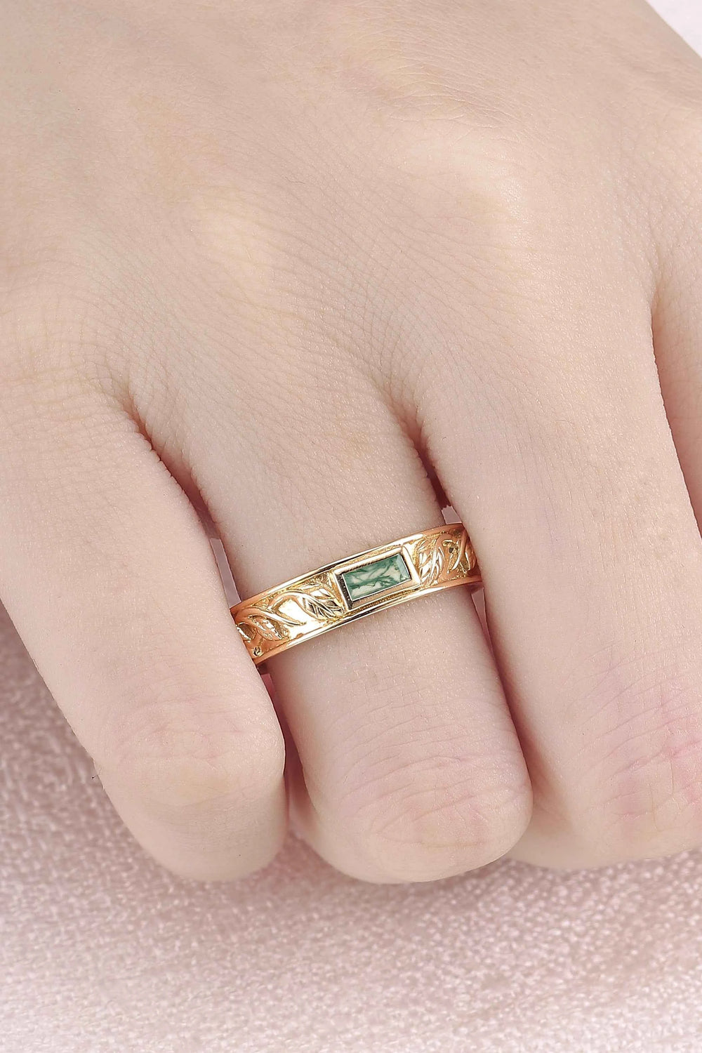 Mens 10K Yellow Gold Wedding Band with Hand-Engraved Flowers