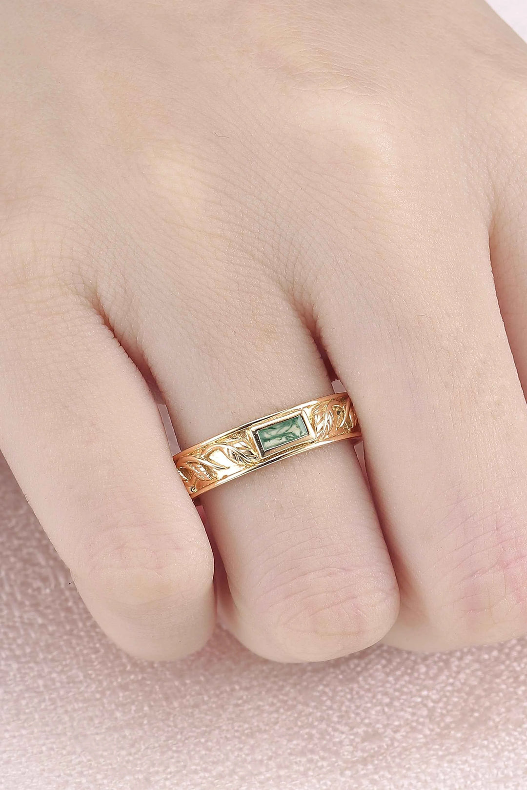 Mens 10K Yellow Gold Wedding Band with Hand-Engraved Flowers