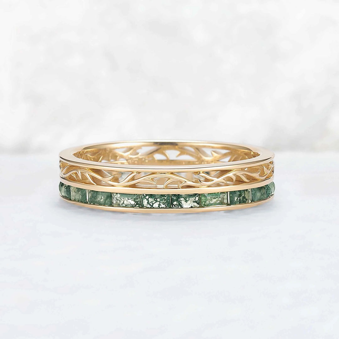 Mens Baguette Cut Moss Agate Stone Twist Wedding Ring