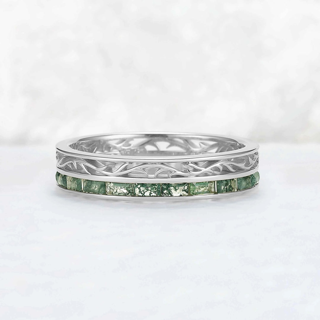 Mens Baguette Cut Moss Agate Stone Twist Wedding Ring