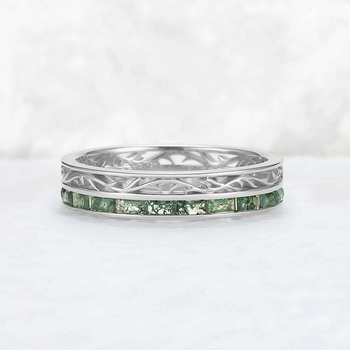 Mens Baguette Cut Moss Agate Stone Twist Wedding Ring