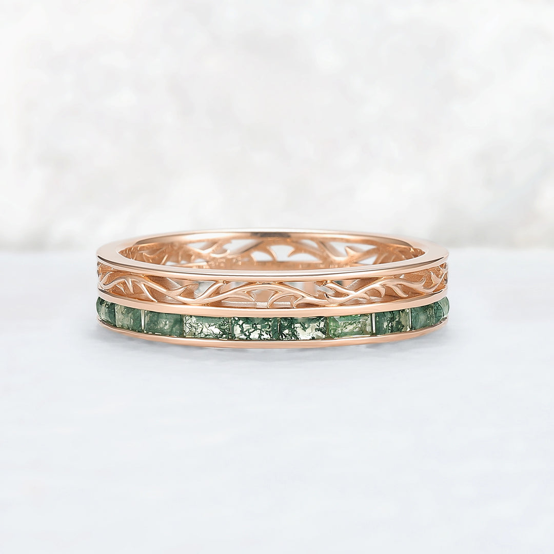 Mens Baguette Cut Moss Agate Stone Twist Wedding Ring