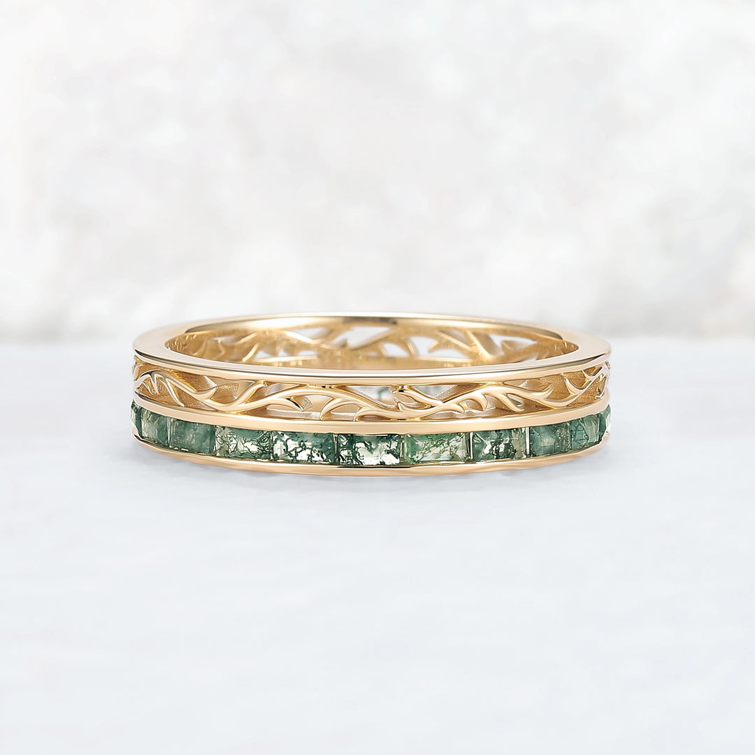 Mens Baguette Cut Moss Agate Stone Twist Wedding Ring