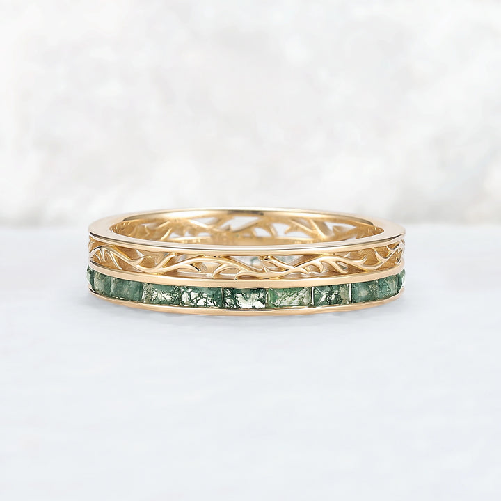 Mens Baguette Cut Moss Agate Stone Twist Wedding Ring