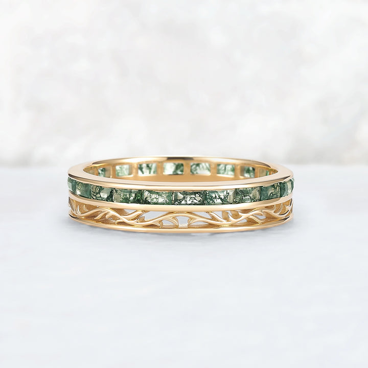 Mens Baguette Cut Moss Agate Stone Twist Wedding Ring