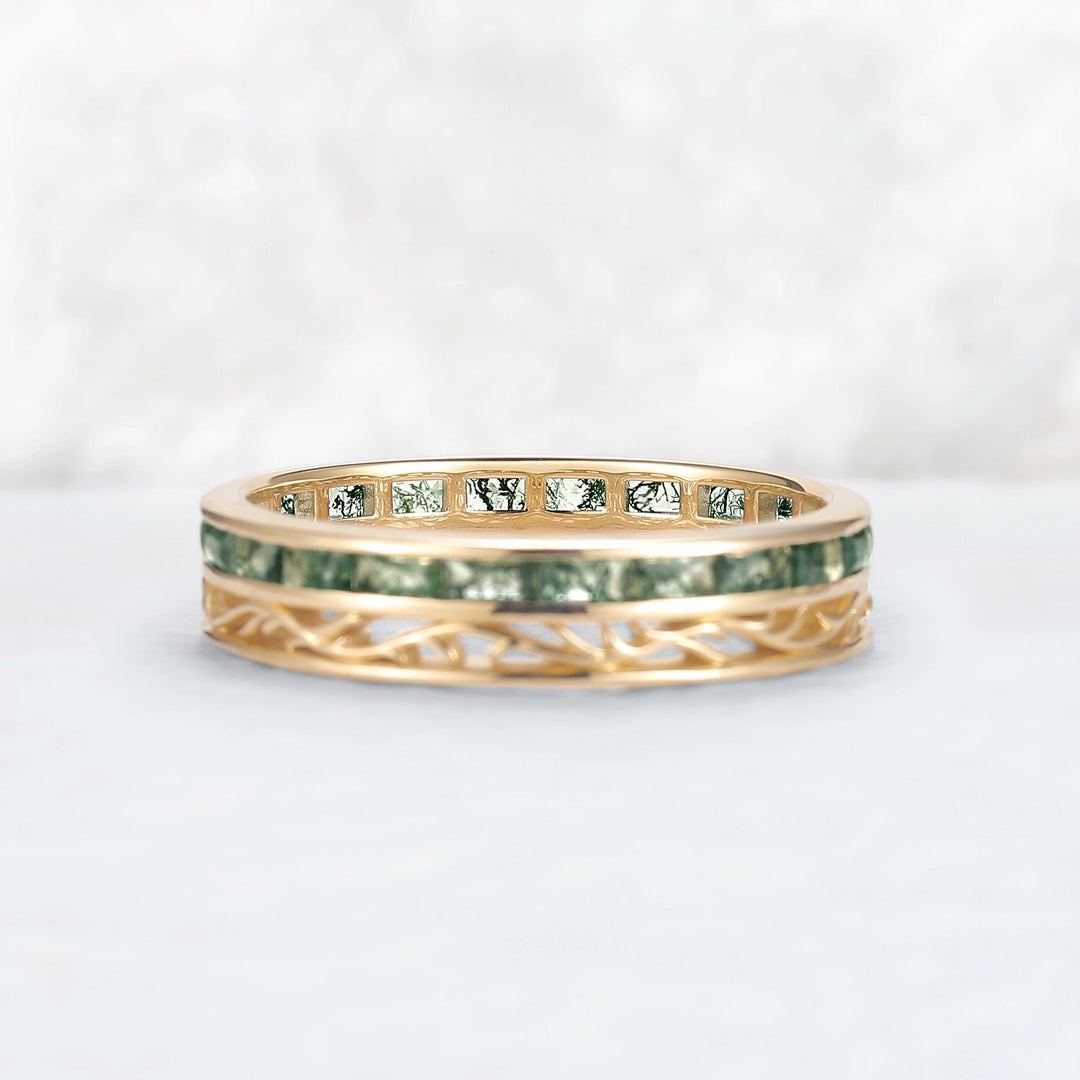 Mens Baguette Cut Moss Agate Stone Twist Wedding Ring