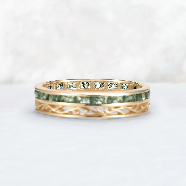 Mens Baguette Cut Moss Agate Stone Twist Wedding Ring