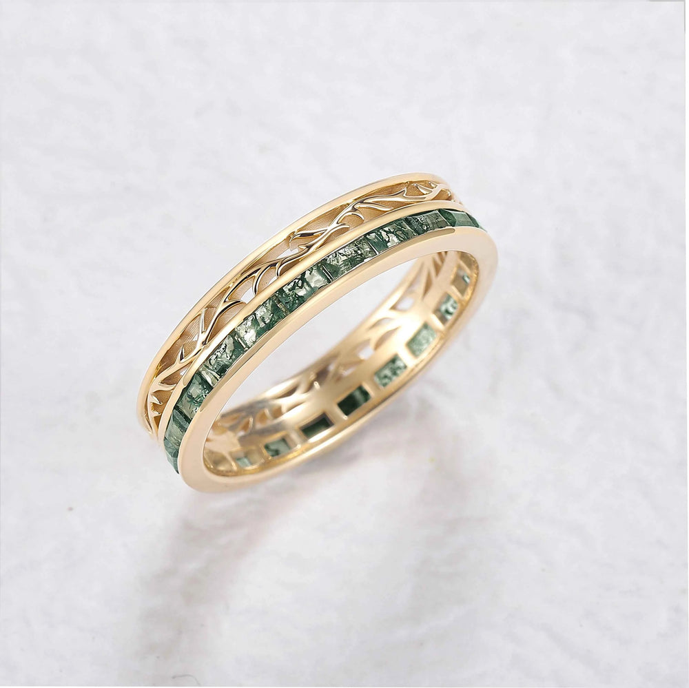 Mens Baguette Cut Moss Agate Stone Twist Wedding Ring