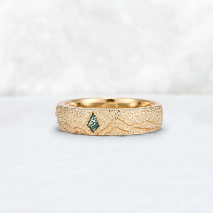 Mens Kite Cut Moss Agate Stone Mountain Wedding Ring