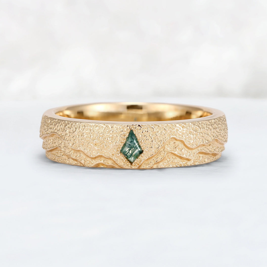Mens Kite Cut Moss Agate Stone Mountain Wedding Ring