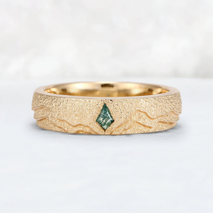 Mens Kite Cut Moss Agate Stone Mountain Wedding Ring