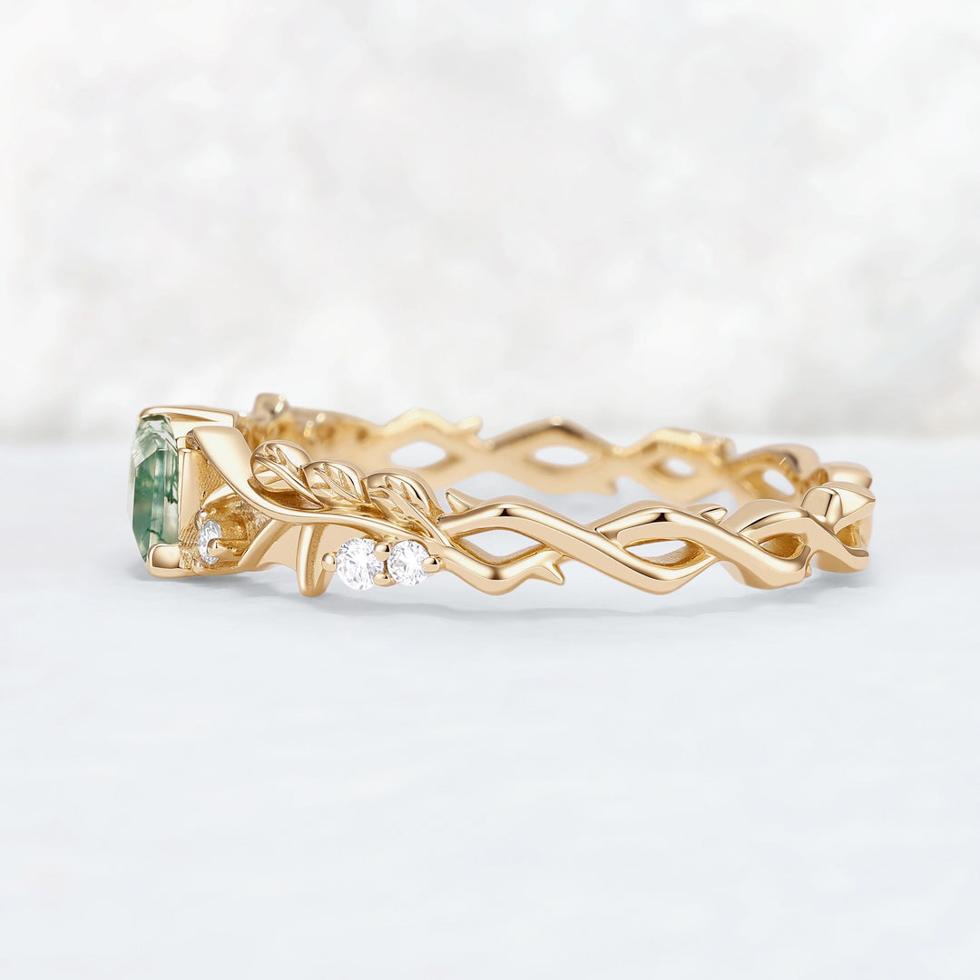 Mens Moonshadow Batwing Kite Cut Moss Agate Stone Wedding Band