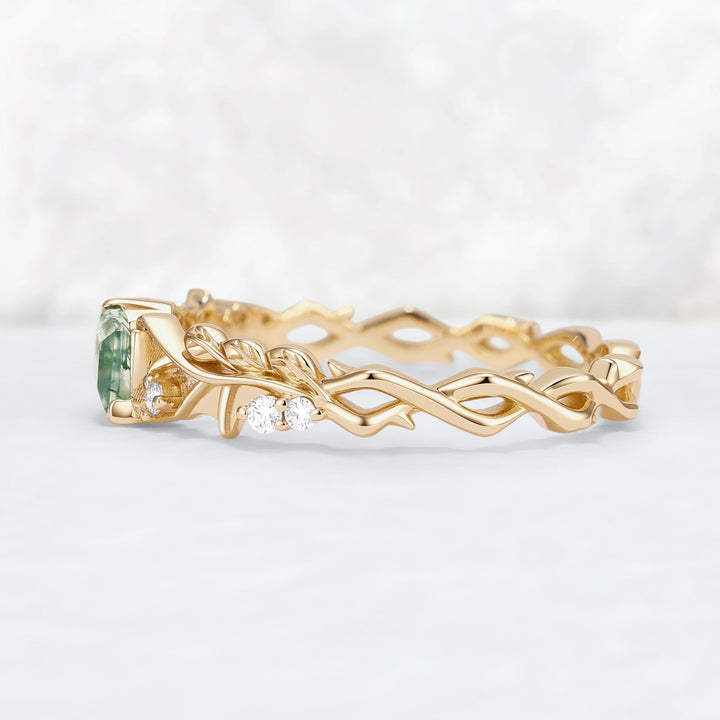 Mens Moonshadow Batwing Kite Cut Moss Agate Stone Wedding Band
