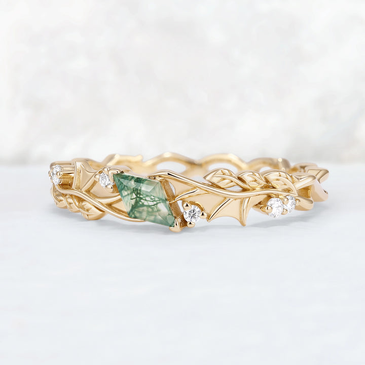Mens Moonshadow Batwing Kite Cut Moss Agate Stone Wedding Band