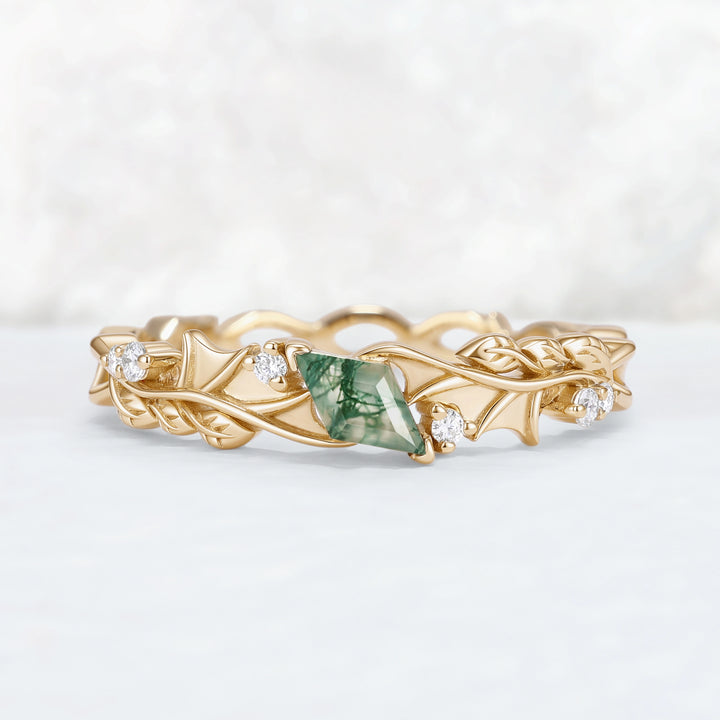 Mens Moonshadow Batwing Kite Cut Moss Agate Stone Wedding Band