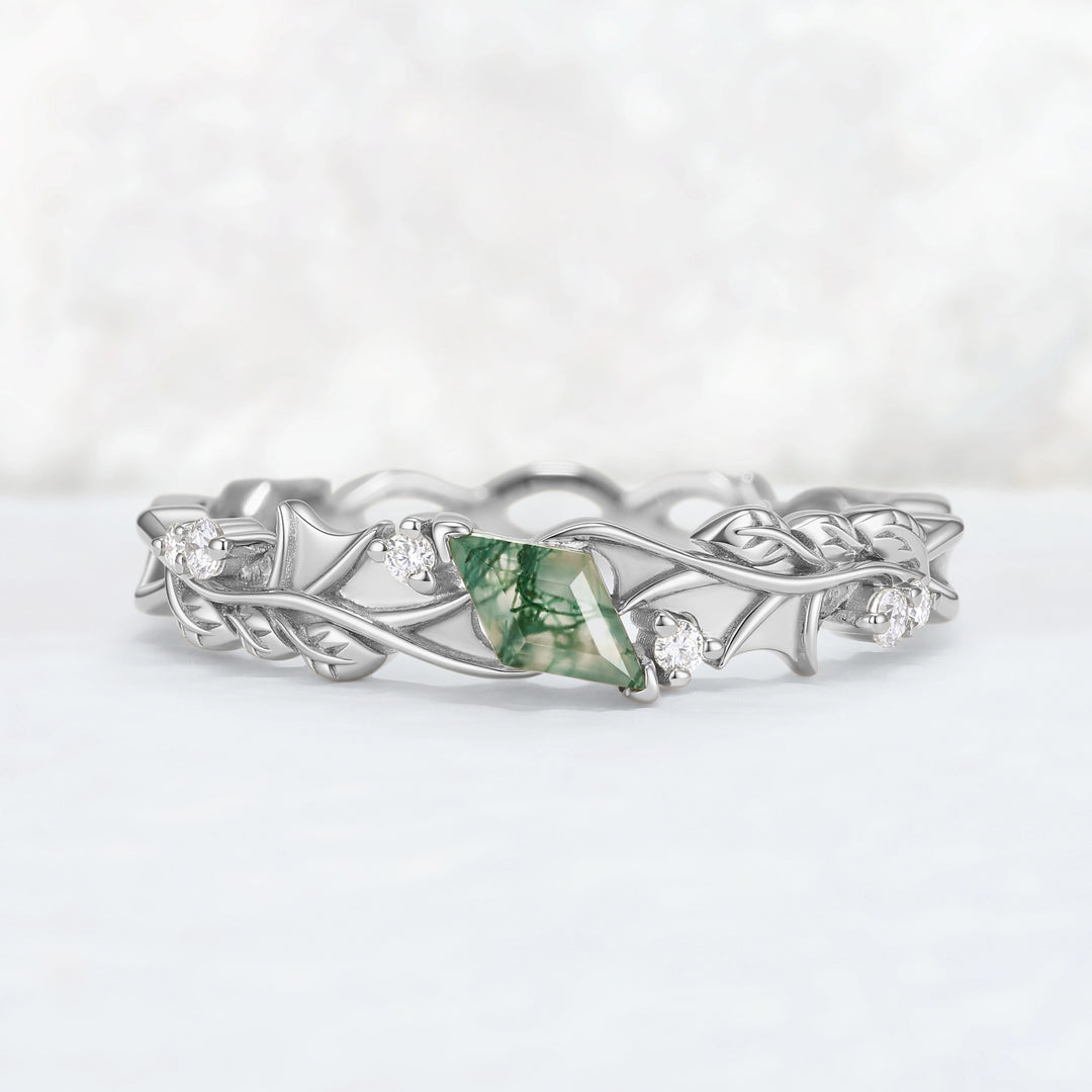 Mens Moonshadow Batwing Kite Cut Moss Agate Stone Wedding Band