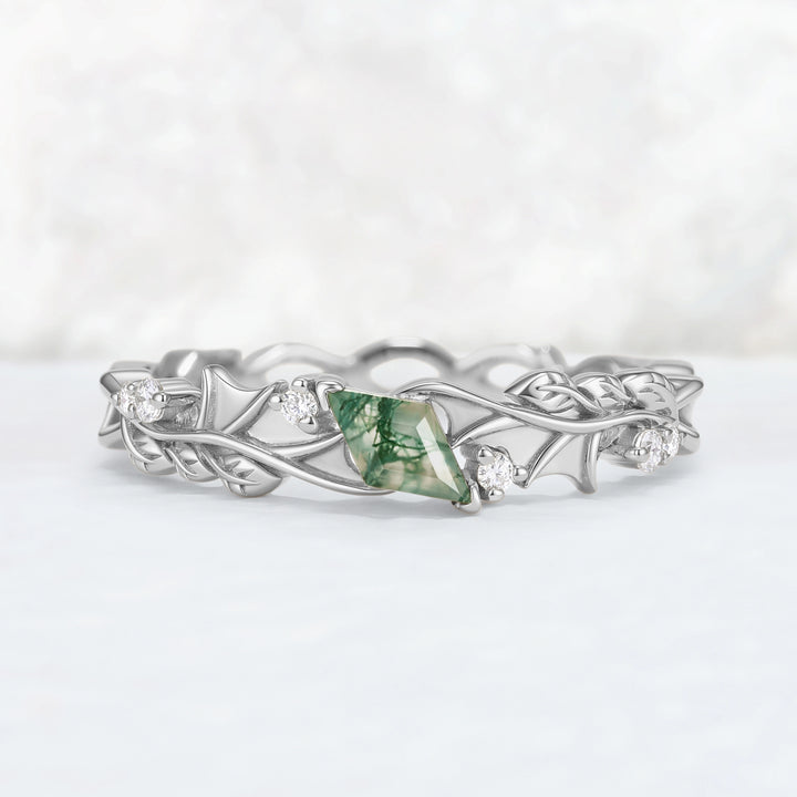 Mens Moonshadow Batwing Kite Cut Moss Agate Stone Wedding Band