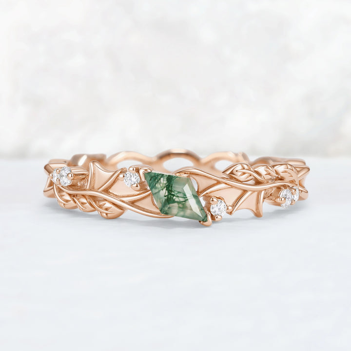 Mens Moonshadow Batwing Kite Cut Moss Agate Stone Wedding Band
