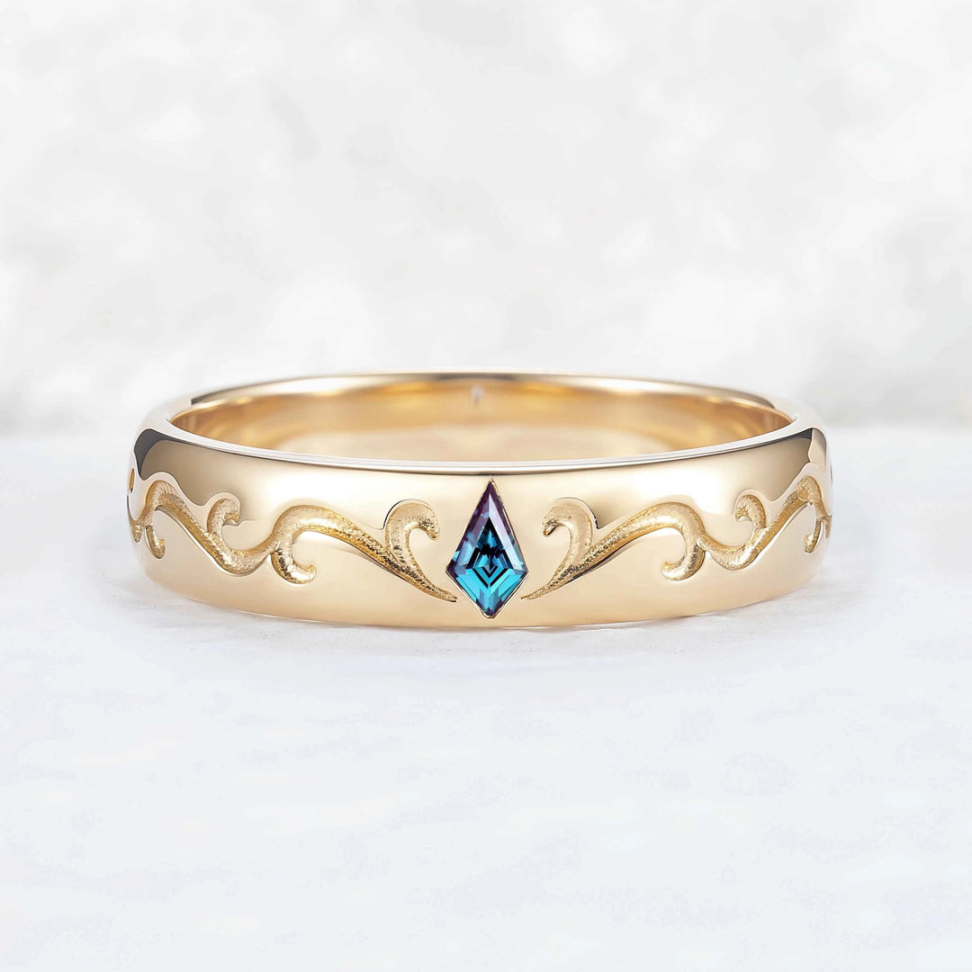 Mens Baguette Cut Moss Agate Stone Leafy Wedding Band
